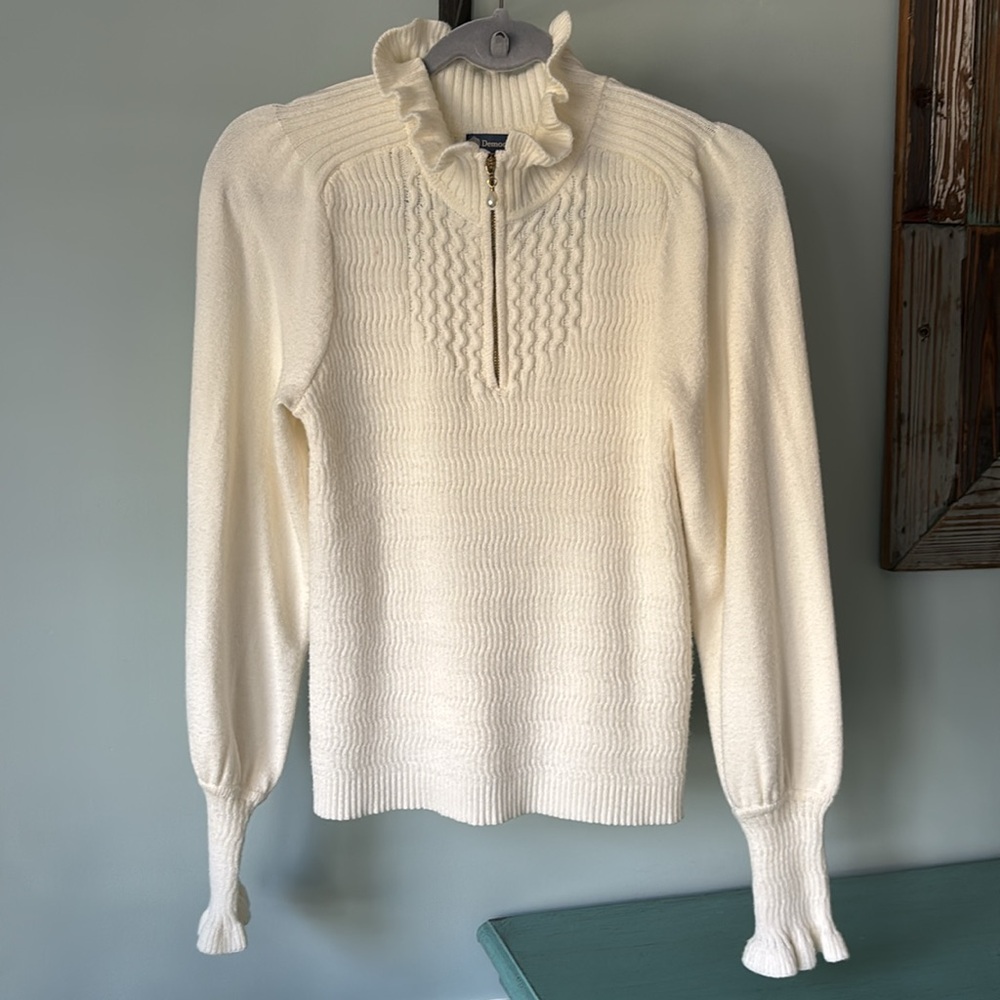 Democracy Cream Long Blouson Sleeve Half Zip Placket Mock Neck Sweater